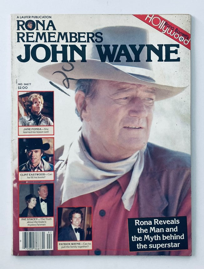 Cover of VTG Rona Barret's Hollywood Magazine 1979 edition featuring 'Rona Remembers John Wayne', showcasing a portrait of John Wayne and highlighting included articles with Jane Fonda and Clint Eastwood.