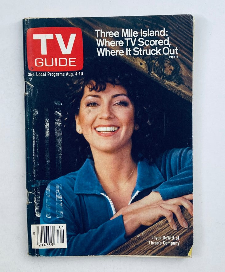 TV Guide Magazine August 4, 1979, Issue #1375 featuring Joyce DeWitt on the cover, showcasing a vibrant portrait of the actress with a headline about 'Three Mile Island: Where TV Scored, Where It Struck Out'.