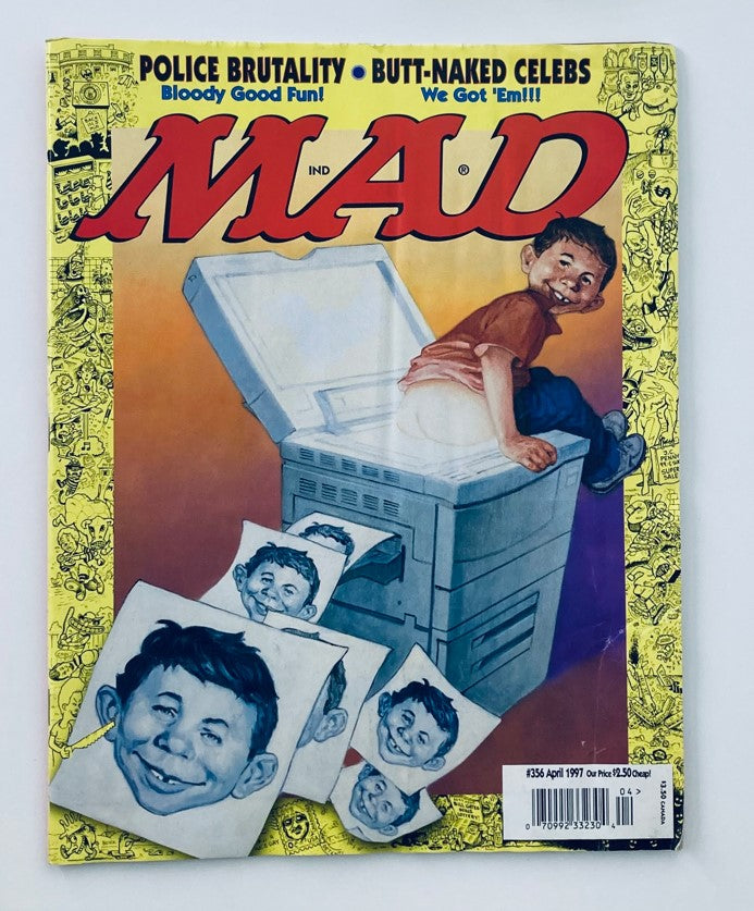 Mad Magazine April 1997 #356 cover featuring the theme 'Police Brutality Bloody Fun', showcasing a humorous illustration of a boy in amusing situation with iconic cartoon characters.