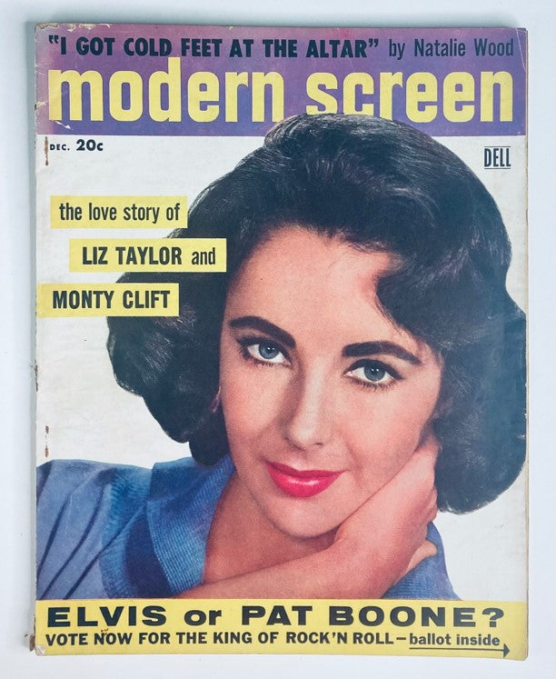 VTG Modern Screen Magazine December 1956 featuring Elizabeth Taylor on the cover, showcasing her beauty and appeal of classic Hollywood.