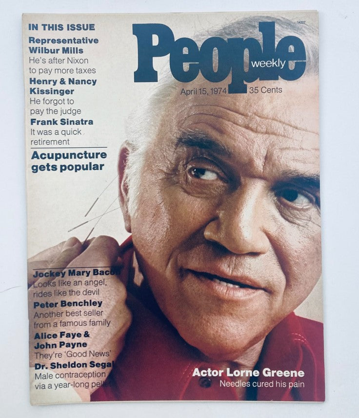 VTG People Weekly Magazine April 15 1974 featuring actor Lorne Greene on the cover, showcasing his portrait and headline about his recovery through acupuncture.