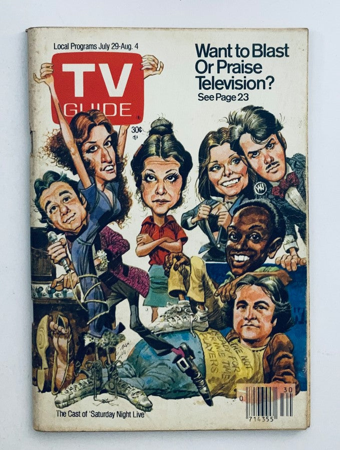 TV Guide Magazine July 29 1978 cover featuring a caricature of the cast of Saturday Night Live, highlighting the theme 'Want to Blast Or Praise Television?'