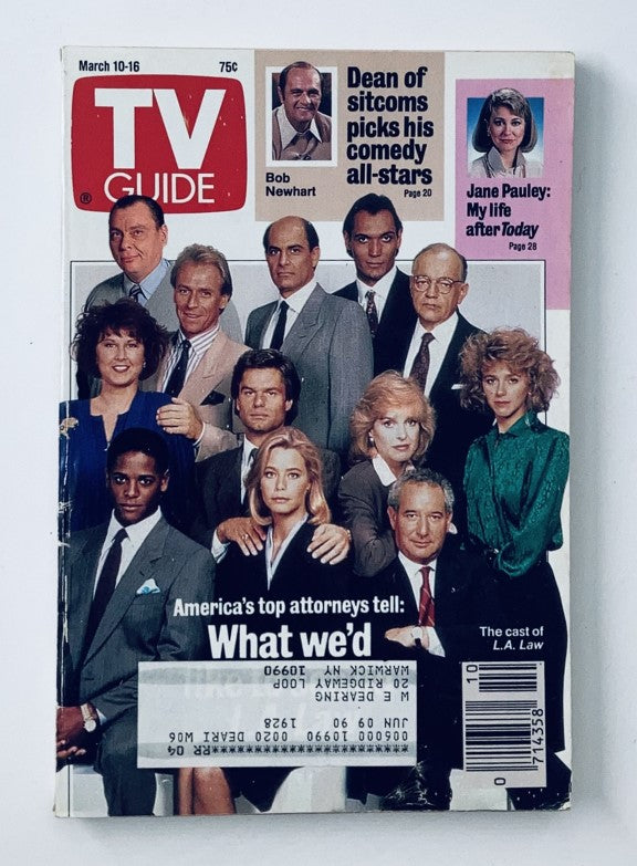 Cover of TV Guide Magazine March 10 1990 featuring the cast of L.A. Law, showcasing prominent actors in formal attire, along with headlines and featured stories including Bob Newhart and Jane Pauley.