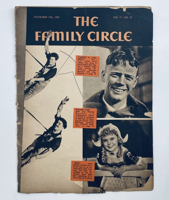 Cover of VTG The Family Circle Magazine from November 19, 1937 featuring Charles A. Lindbergh and a vintage design.