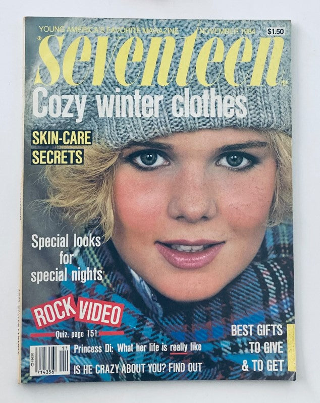 Vintage Seventeen Magazine cover from November 1984 featuring Rachel Dillman, showcasing cozy winter clothes and beauty tips.