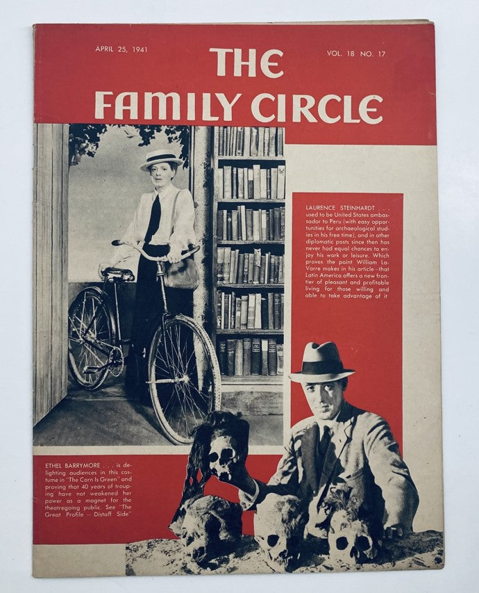 Vintage The Family Circle Magazine cover from April 25, 1941 featuring a woman with a bicycle and a man with skulls, highlighting contributions from Laurence Steinhardt.