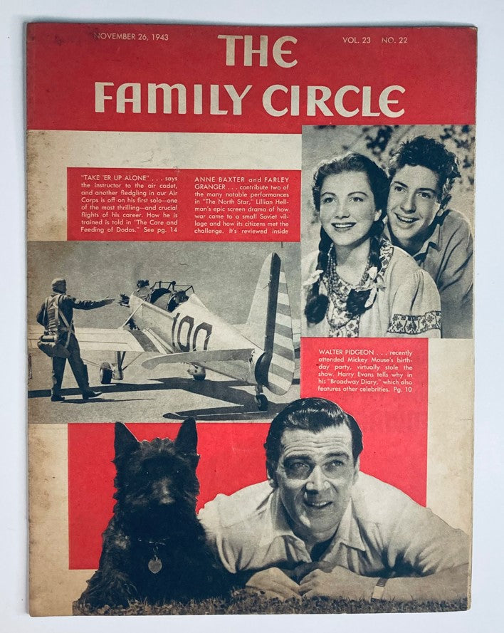 Vintage The Family Circle Magazine cover from November 26, 1943, featuring Anne Baxter and Farley Granger, along with a dog and a plane, showcasing the cultural essence of family life in the early 1940s.