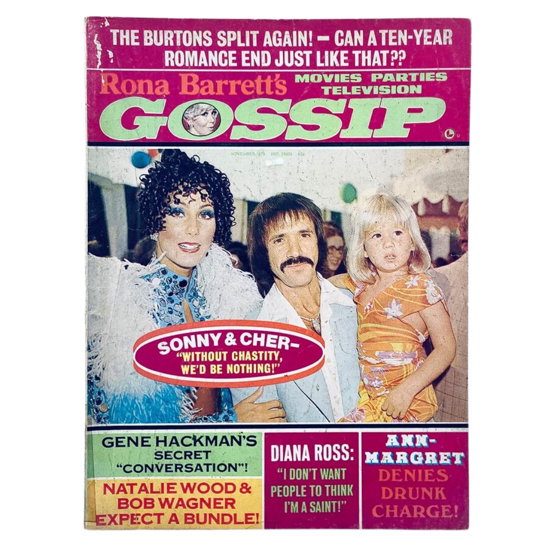 Cover of VTG Rona Barrett's Gossip Magazine November 1973 Vol 1 #12 featuring Sonny and Cher with a headline about them, showcasing the retro design and vibrant colors.