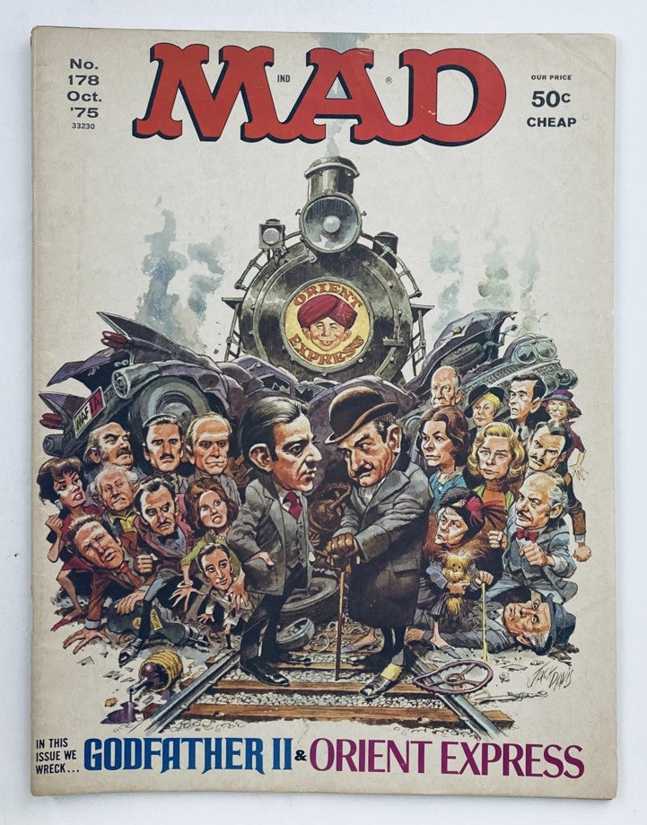 Cover of Mad Magazine October 1975 No. 178 featuring a parody of Godfather II and Orient Express with humorous illustrations and caricatures of iconic characters.