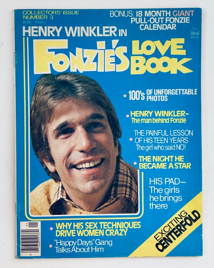 Cover of VTG Fonzie's Love Book Magazine, August 1976, featuring Henry Winkler with a smiling expression, showcasing the title prominently and highlighting articles related to his character Fonzie. Includes details about unforgettable photos, a pull-out calendar, and insights into Winkler's life and experiences.