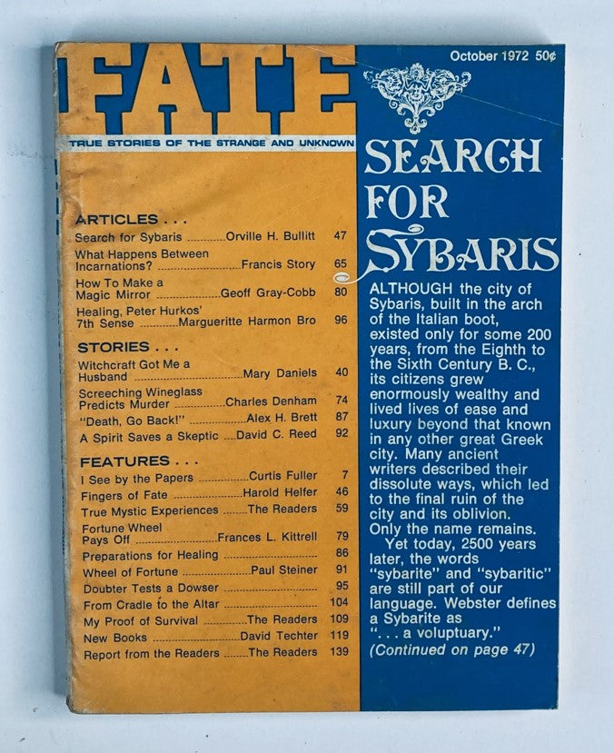 VTG Fate Magazine October 1972 Vol 25 No. 10 Search for Sybaris cover showcasing articles on strange events and historical insights, featuring the title in bold at the top, with an orange and blue color scheme.