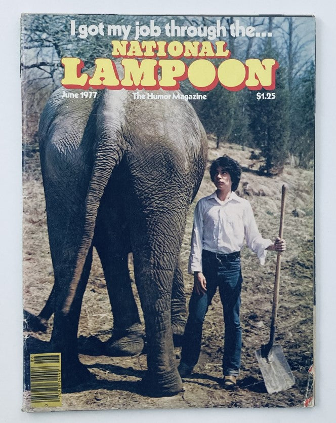 Vintage National Lampoon Magazine June 1977 Vol 1 #87 featuring a humorous cover with an elephant and a man holding a shovel, capturing the essence of vintage humor.