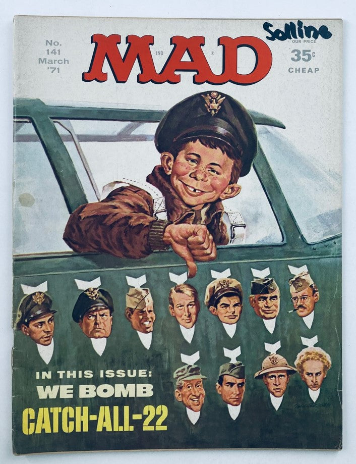 Mad Magazine March 1971 No. 141 We Bomb Catch-All-22 cover art featuring a smiling character in military attire, showcasing an iconic satire theme.