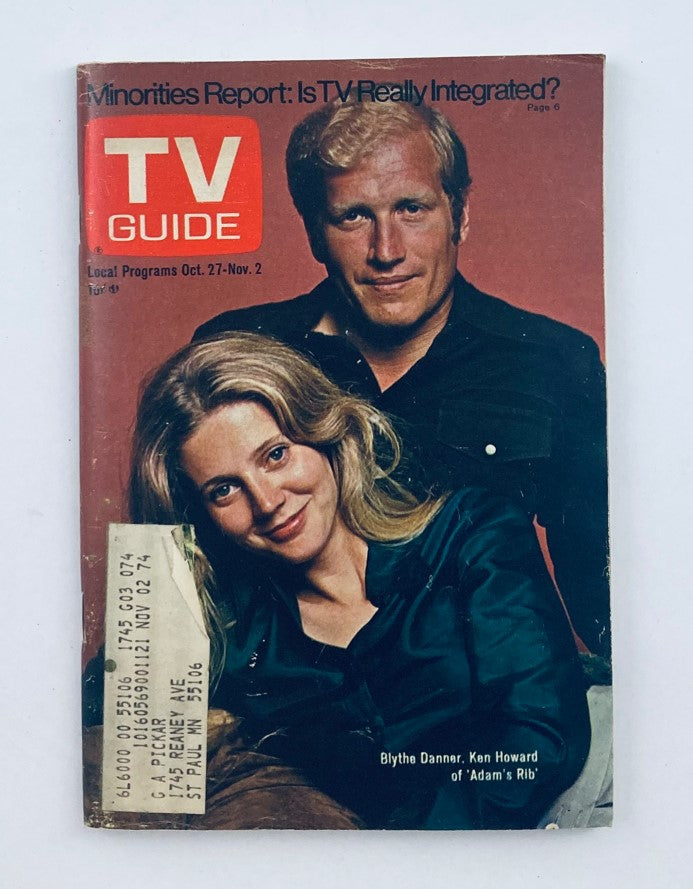 TV Guide Magazine from October 27, 1973 featuring Blythe Danner and Ken Howard on the cover. The issue includes a report on TV integration and local program listings for Minneapolis-St. Paul.
