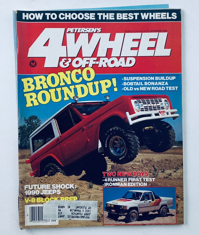 Cover of Petersen's 4 Wheel & Off-Road Magazine from September 1984 featuring 'Future Shock 1990 Jeep' with an image of a red off-road vehicle in action, showcasing vintage Jeep culture and 1980s automotive design.