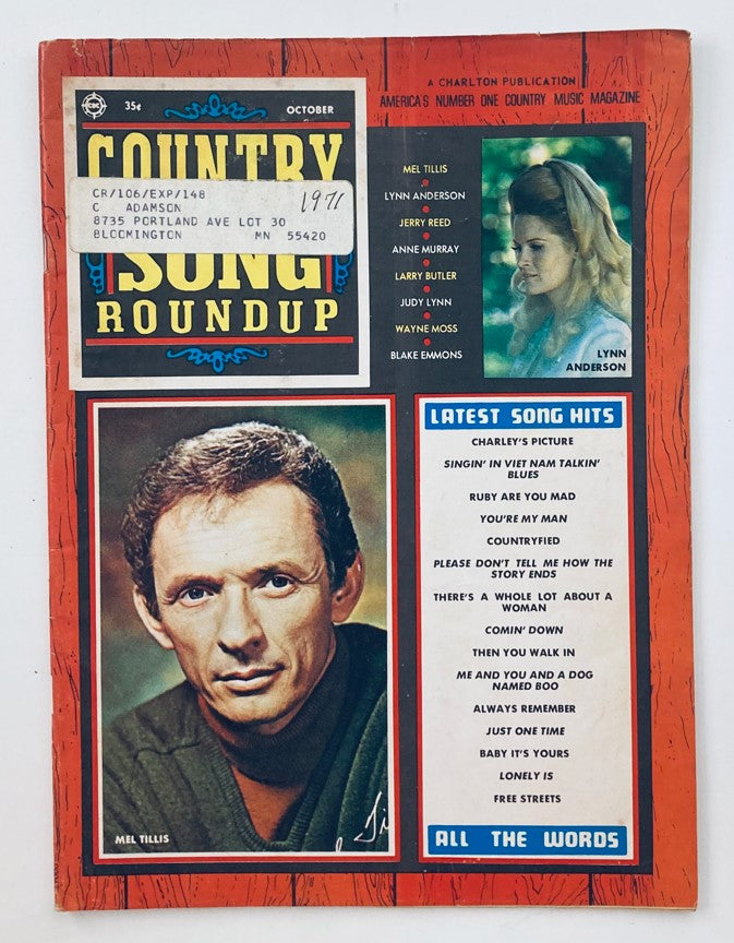 Vintage Country Song Roundup Magazine October 1971 featuring Mel Tillis and Lynn Anderson on the cover, showcasing beautiful country music design and iconic artists.