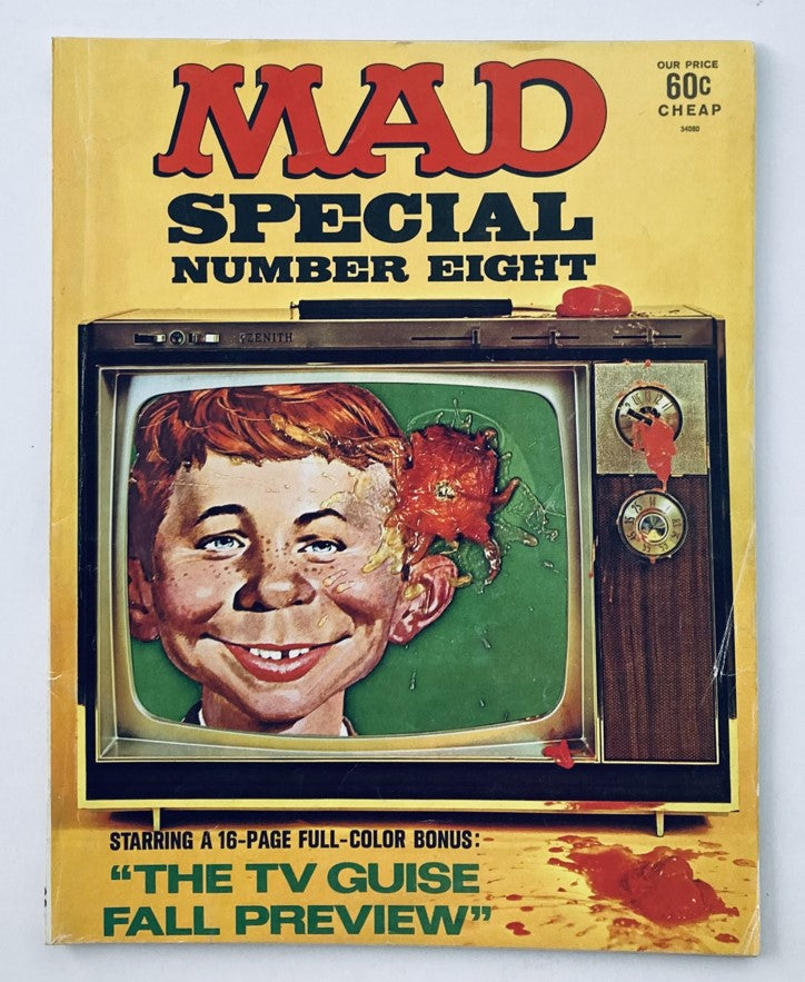 Cover of VTG 1972 Mad Magazine Special Number Eight showcasing a humorous illustration of a boy's face with a television and vibrant colors, featuring the tagline 'The TV Guise Fall Preview'.