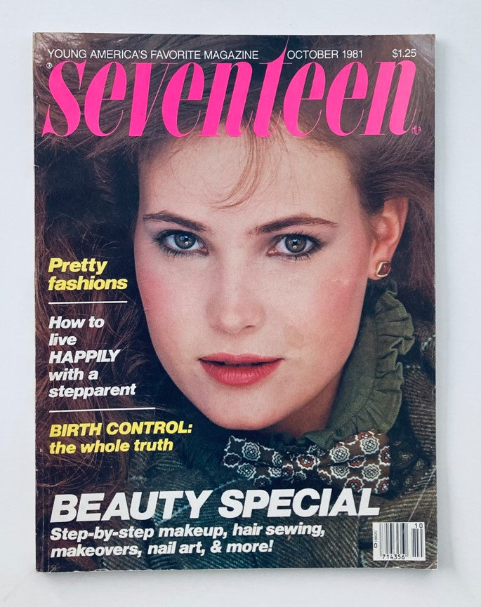 Seventeen Magazine October 1981 cover featuring a young woman with striking eyes, promoting a feature on living happily with a stepparent, in excellent vintage condition.