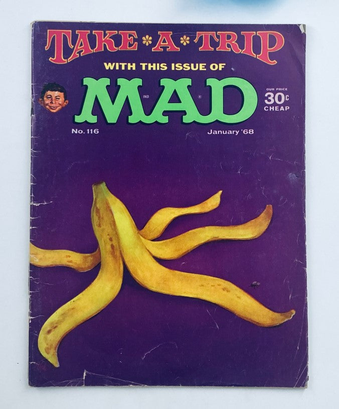 Cover of Mad Magazine January 1968 No. 116 titled 'Take A Trip', featuring playful banana illustrations on a purple background.