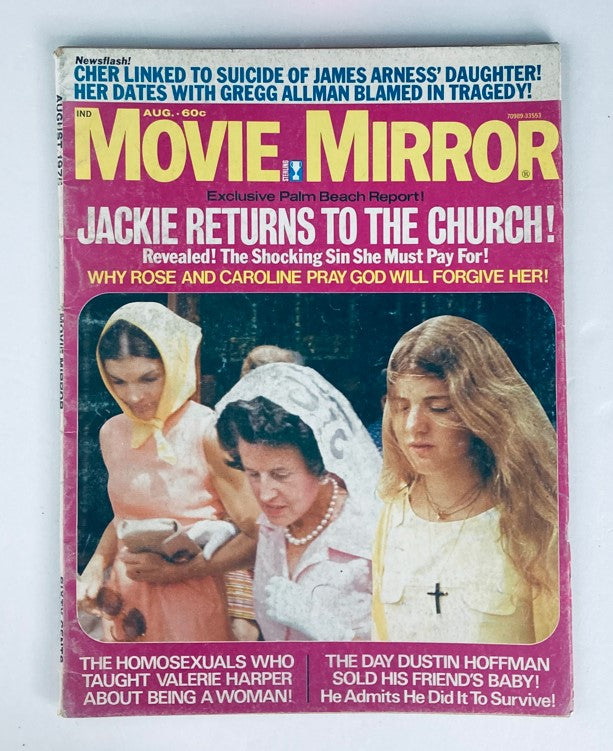 Cover of VTG Movie Mirror Magazine from August 1975, Volume 19, Number 10, featuring articles about Jackie and a story involving Rose and Caroline.
