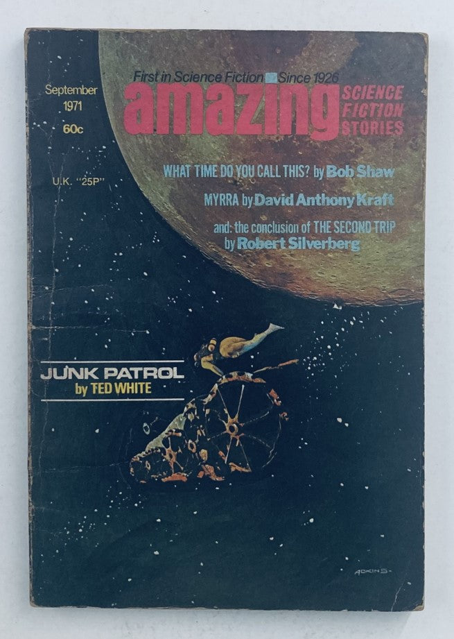 Cover of the Amazing Science Fiction Stories magazine, September 1971, featuring the headline 'Amazing Science Fiction Stories' and the story 'Junk Patrol' by Ted White with a vibrant space-themed illustration.