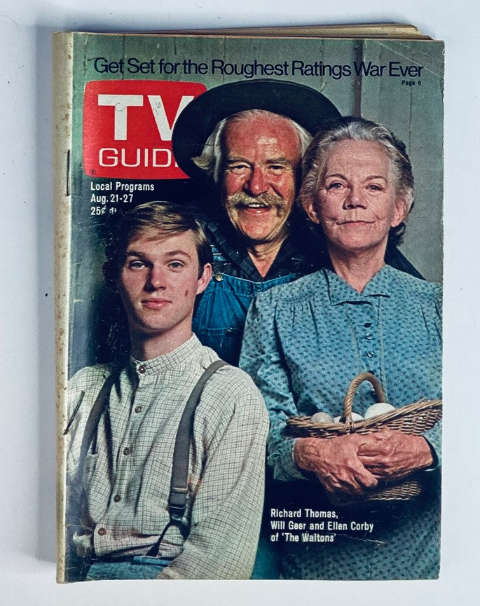 TV Guide Magazine August 21 1976 featuring Richard Thomas, Will Geer, and Ellen Corby from 'The Waltons'. This vintage cover showcases important characters from the beloved series against a backdrop of 1970s television history.