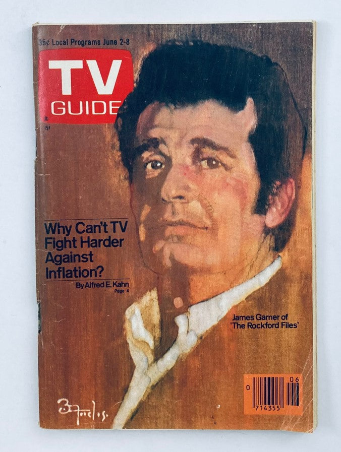 Cover of TV Guide Magazine June 2 1979 #1366 featuring a portrait of James Garner, highlighting the inquiry 'Why Can’t TV Fight Harder Against Inflation?'. The magazine showcases a vintage design reflective of the era, perfect for collectors of television history.