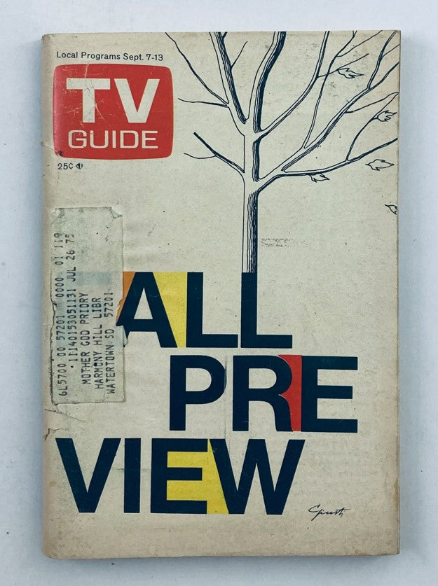 Front cover of TV Guide Magazine September 7 1974 #1119 featuring the text 'ALL PREVIEW' with a minimalist tree design, showcasing the magazine's age and content focused on the Fall Preview for Nebraska readers.