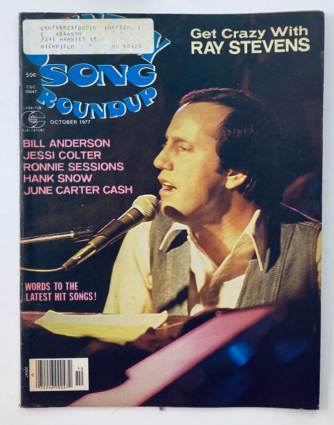 Cover of VTG Country Song Roundup Magazine October 1977 featuring Ray Stevens performing, along with Bill Anderson, Jessi Colter, Ronnie Sessions, Hank Snow, and June Carter Cash.