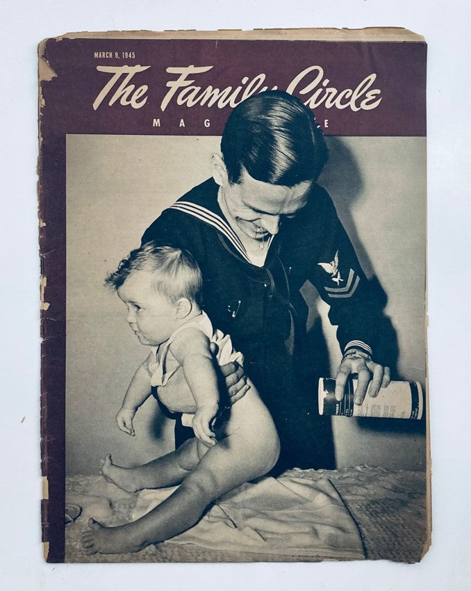 Cover of VTG The Family Circle Magazine from March 9, 1945, featuring a sailor holding a child, showcasing mid-20th-century family life.