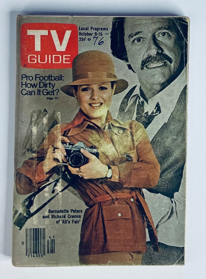 Cover of TV Guide Magazine October 9 1976 featuring Bernadette Peters and Richard Crenna. The cover highlights local programming details and includes the title 'Pro Football: How Dirty Can It Get?' showcasing vintage style and pop culture of the 1970s.