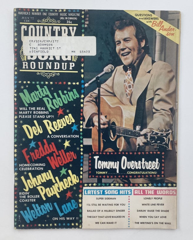 Cover of VTG Country Song Roundup Magazine July 1972 featuring Tommy Overstreet, highlighting articles on country music stars like Marty Robbins and Del Reeves, colorful graphics and vintage design.
