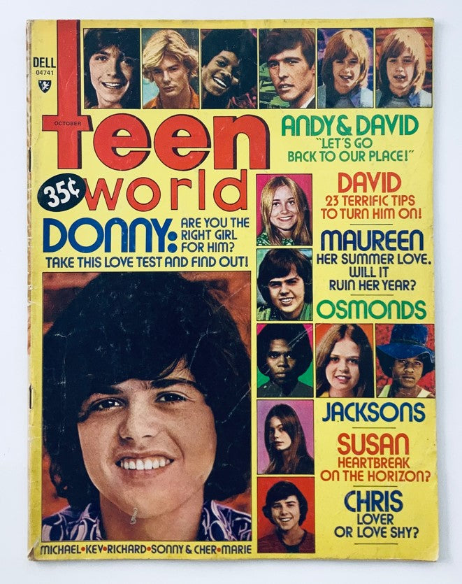 VTG Teen World Magazine October 1973 featuring Donny Osmond on the cover, showcasing iconic teen idols and pop culture of the '70s, including articles and images dedicated to celebrities like David Cassidy and the Jacksons.