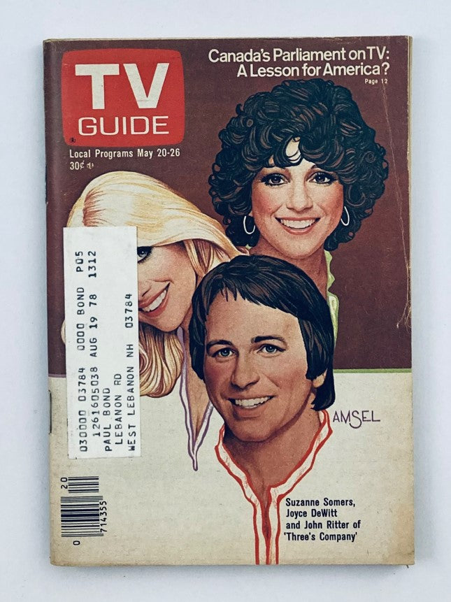TV Guide Magazine cover from May 20, 1978, issue number 1312 featuring Suzanne Somers, Joyce DeWitt, and John Ritter from 'Three's Company'. The cover highlights programming and contains a tagline about Canada's Parliament on TV.