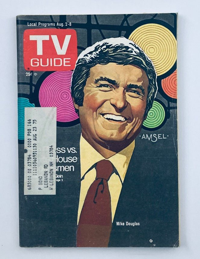 TV Guide Magazine August 2, 1975 #1166 featuring Mike Douglas, showcasing vibrant colorful graphics and nostalgic design from the 70s, ideal for collectors and vintage TV enthusiasts.