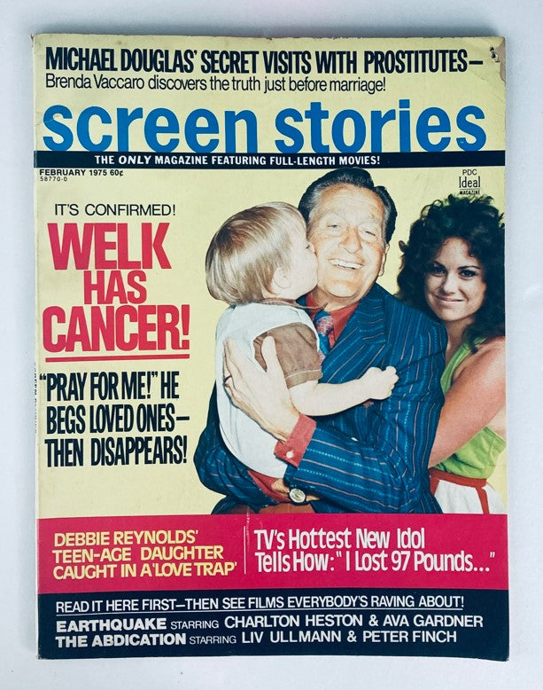 Cover of VTG Screen Stories Magazine February 1975 featuring headlines about Lawrence Welk and notable stories from the issue.