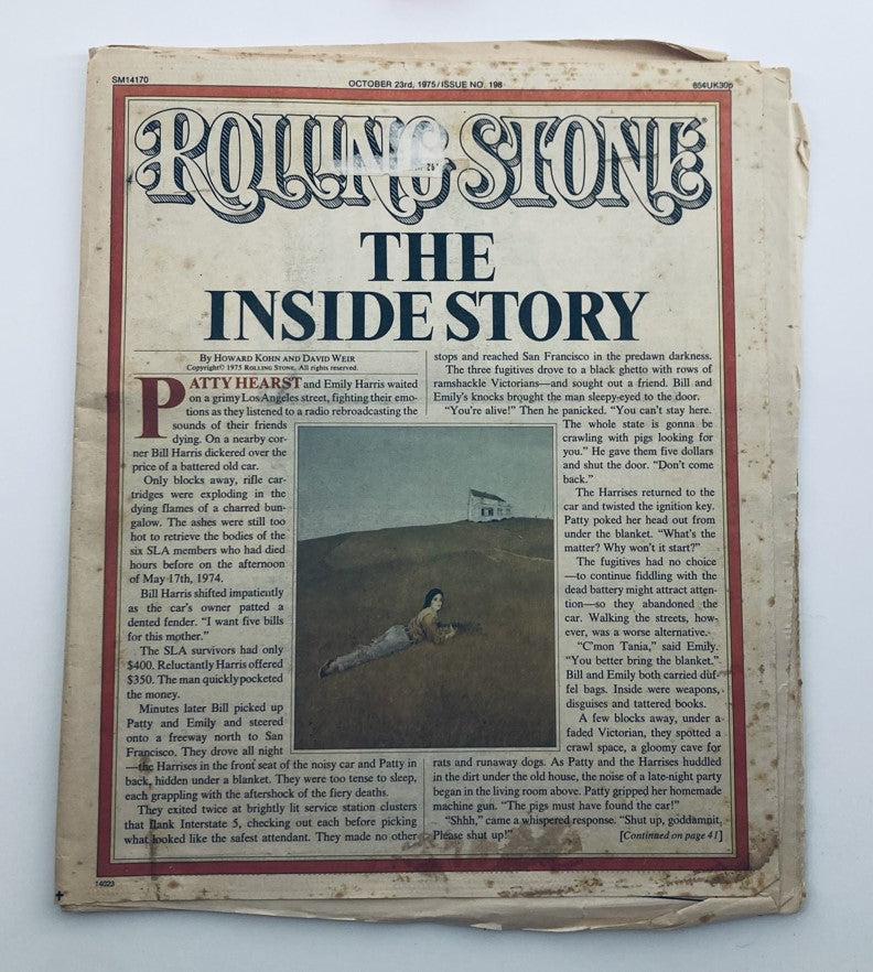 Vintage Rolling Stone Magazine from October 23, 1975, issue number 198, featuring the headline 'The Inside Story' and stories about Patty Hearst and Emily Harris. This classic publication showcases 1970s journalism and cultural commentary, complete with original artwork and newsprint styling.