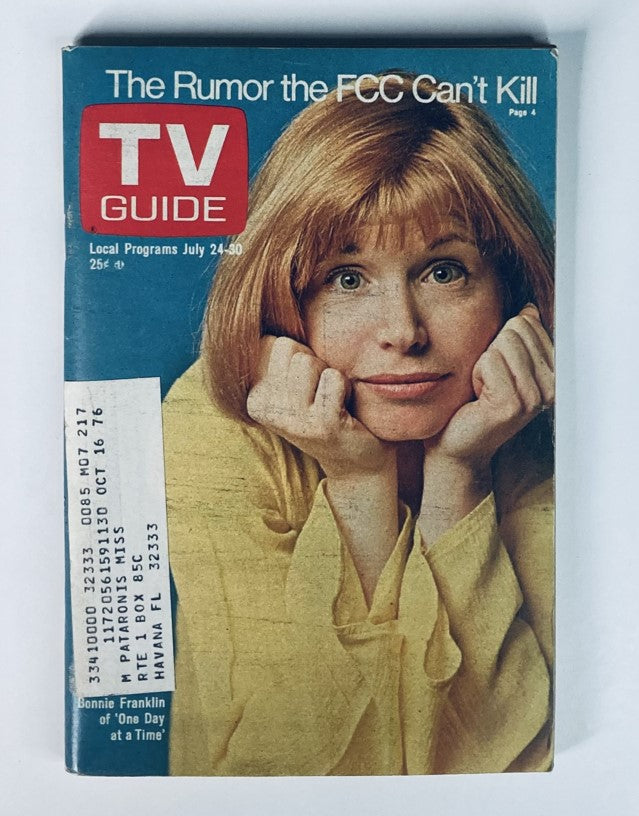 Cover of TV Guide Magazine from July 24, 1976 featuring Bonni Franklin, showcasing television programming highlights and iconic features from the 1970s.