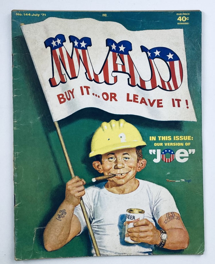 Cover of Mad Magazine July 1971 No. 144 featuring Alfred Neuman as Joe, showcasing patriotic colors and humorous artwork.