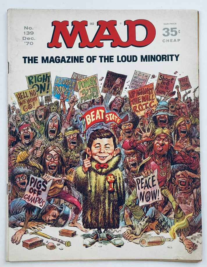 Cover of Mad Magazine December 1970 No. 139 titled 'The Loud Minority', featuring a humorous illustration of a crowd with protest signs and a central character in a furry coat.