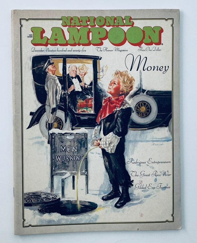 Cover of Vintage National Lampoon Magazine December 1975 Vol 1 No 69 featuring colorful illustration and humorous title 'Money' showcasing satirical content from the Gilded Era.