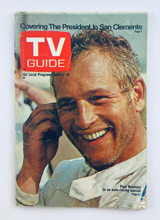 Cover of TV Guide Magazine April 17 1971 #942 featuring Paul Newman, showcasing a classic design with an image of the actor smiling and wearing a racing outfit.