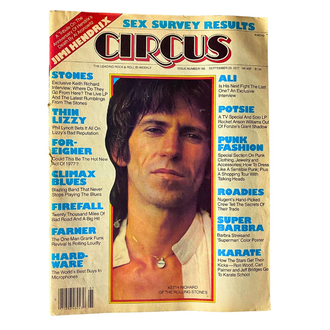 Cover of VTG Circus Magazine from September 29, 1977 featuring Keith Richards of the Rolling Stones, highlighting various music stories and surveys.