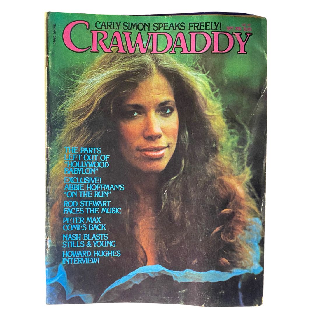 Vintage Crawdaddy Magazine September 1976 featuring cover story on Rod Stewart and artwork by Peter Max, highlighting cultural aspects of the 1970s.