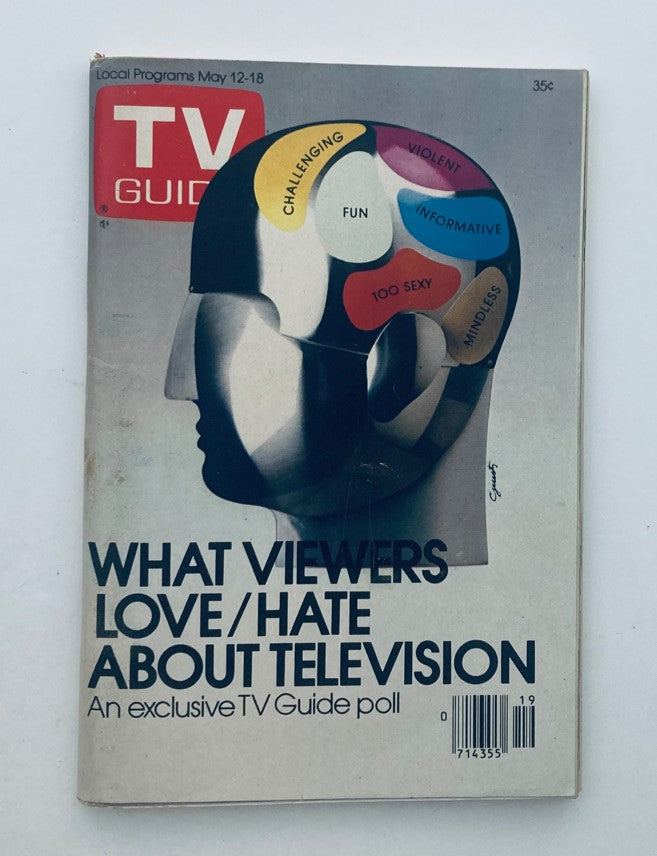 Cover of TV Guide Magazine dated May 12, 1979, titled 'What Viewers Love/Hate About Television' showcasing a creative design depicting various viewer sentiments, such as 'Fun' and 'Challenging'.