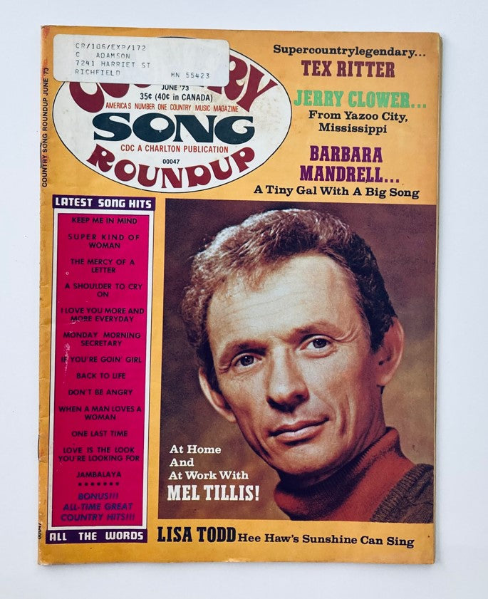Cover of VTG Country Song Roundup Magazine June 1973 featuring Mel Tillis and Barbara Mandrell, highlighting country music culture of the 1970s.