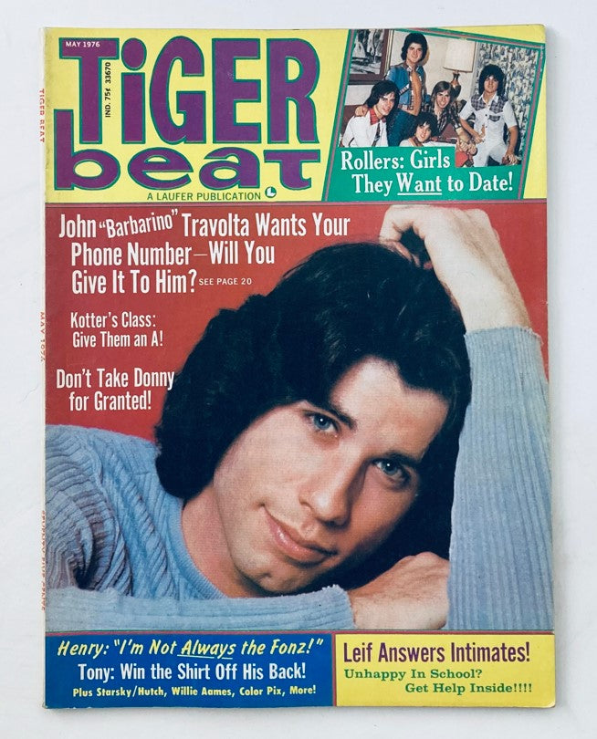 Cover of VTG Tiger Beat Magazine from May 1976 featuring John Travolta, with highlights including Starsky & Hutch, and pop culture articles from the 1970s.
