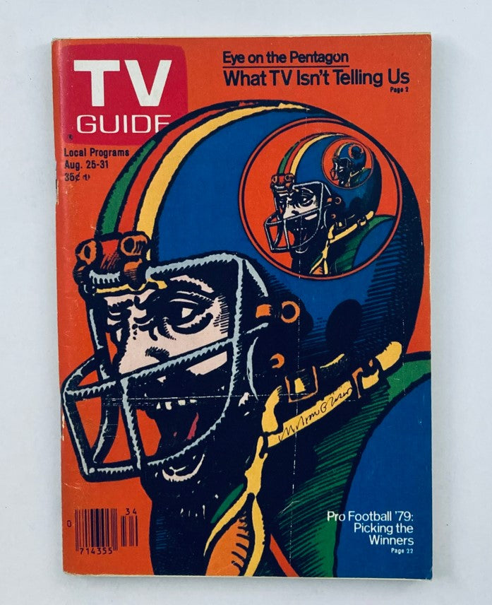 Cover of TV Guide Magazine August 25 1979 featuring the title "Eye on the Pentagon" with vibrant artwork of a football player, showcasing the local program listings for New Jersey and Pennsylvania.