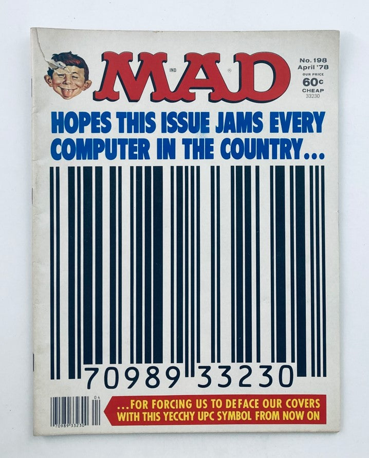 Mad Magazine April 1978 No. 198 cover featuring a humorous barcode and the tagline 'Hopes This Issue Jams Every Computer in the Country.' A vintage magazine capturing the essence of late '70s pop culture.