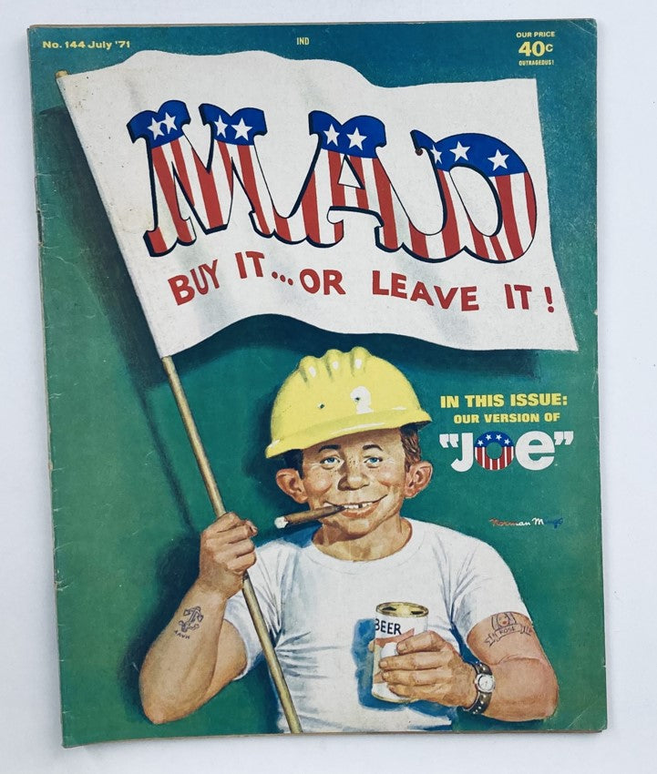 Cover of Mad Magazine July 1971 No. 144 Incredible Occult featuring a cartoon character holding a flag with the word 'MAD' and humorous imagery.